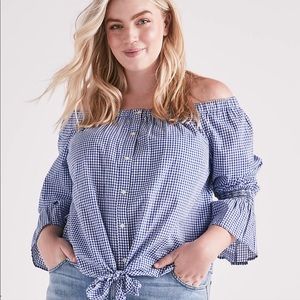 Blue gingham off shoulder blouse (Lucky Brand)